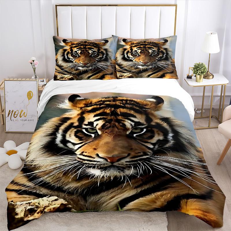 3PCs Tiger Print Design Cover Set, Breathable Fabric, Machine Washable (1 Duvet Cover + 2 Pillowcases) (Without Quilt) yy250911088