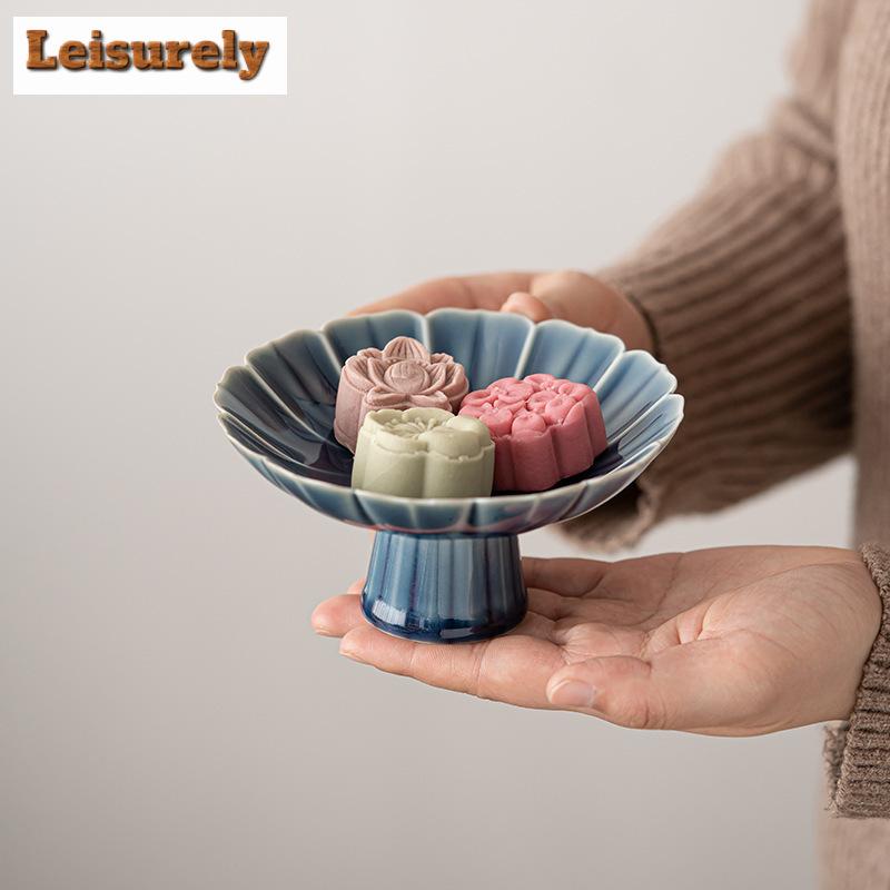 Zen Lotus Petal High Foot Fruit Dishes Aesthetic Pastry Plate Appetizer Serving Platter Household Serving Tray Supplies Gift