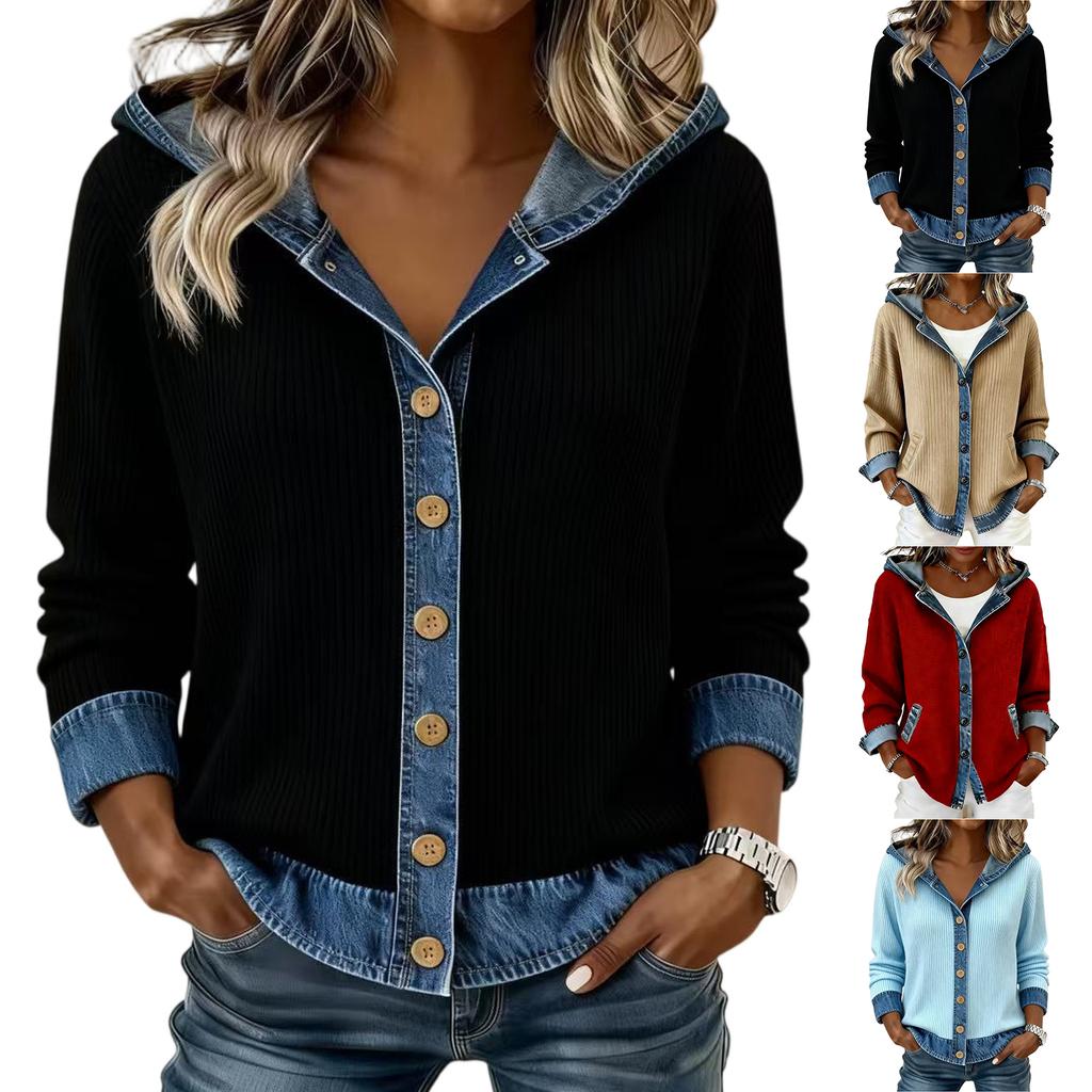 Damen Karo Denim Kapuzenpullover Patchwork Denim Pullover Langarm für Damen
