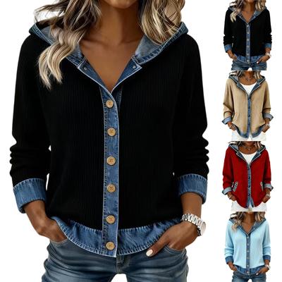 Women's Plaid Denim Collared Sweatshirt Patchwork Denim Sweater Pullovers Long Sleeve For Women
