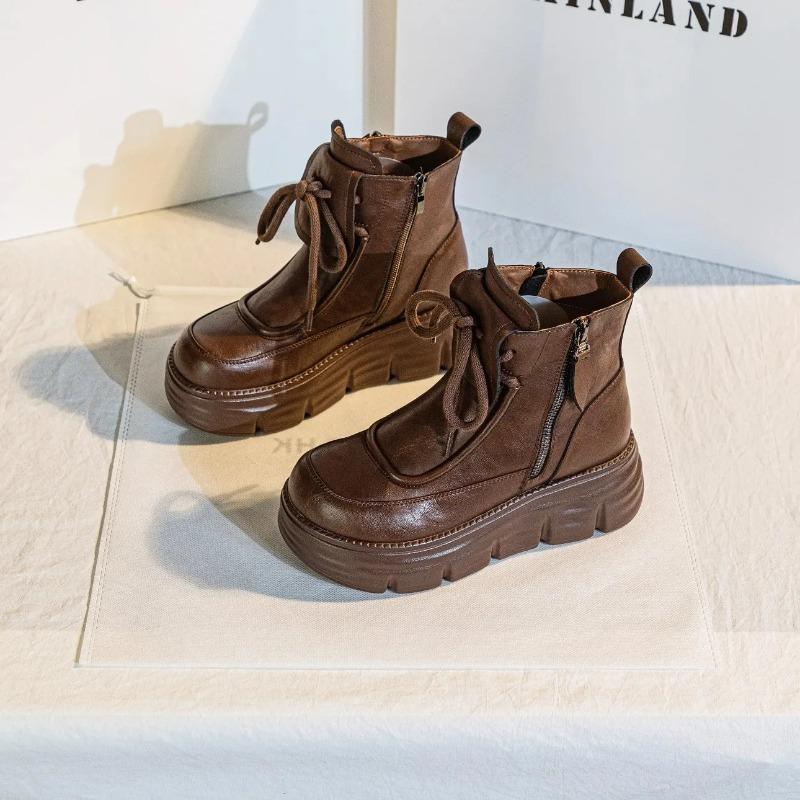 Leather Boots Women's High Top Fce Lined Thi Bot Heightening Ort Boots Autumn Winter Fashion UK Sle Round Toe