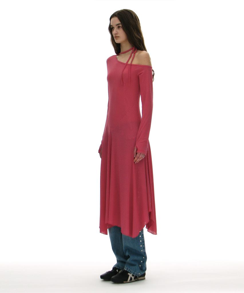 Partimento Woman Jacquard Tie-Neck Midi Dress_Pink