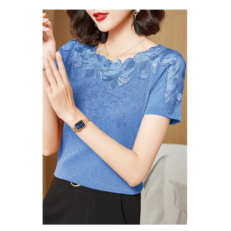 Női Póló Csipke Lyukacsos Hímzett Hálós Pólók Divatos Alkalmi Rövid Ujjú Strasszos Női Ing