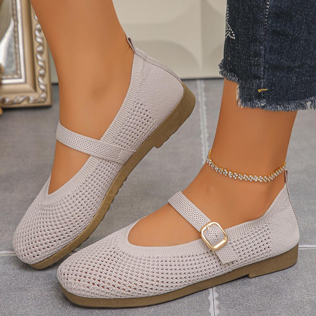 Women's Casual Flat Shoes Breathable Mesh Slip On Mary Jane Style Adjustable Buckle Strap Comfortable Walking Shoes