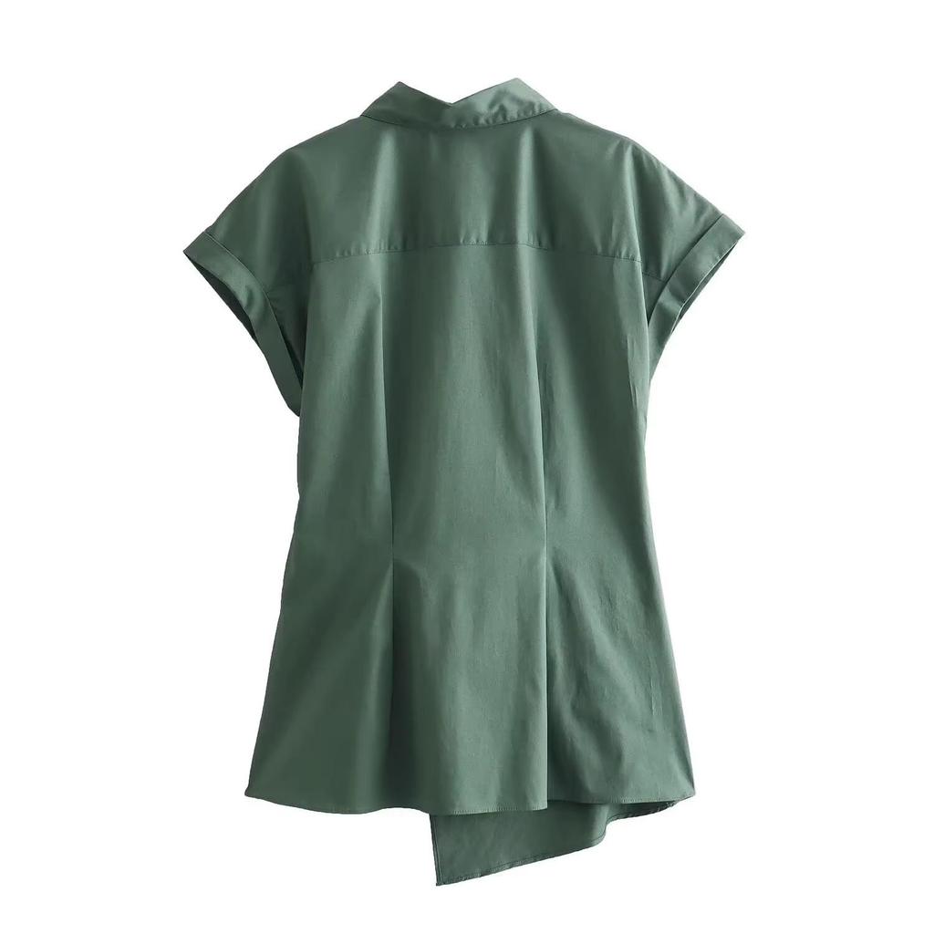 2025 Spring Women's European and American Fashion Bow Short Sleeve Poplin Shirt