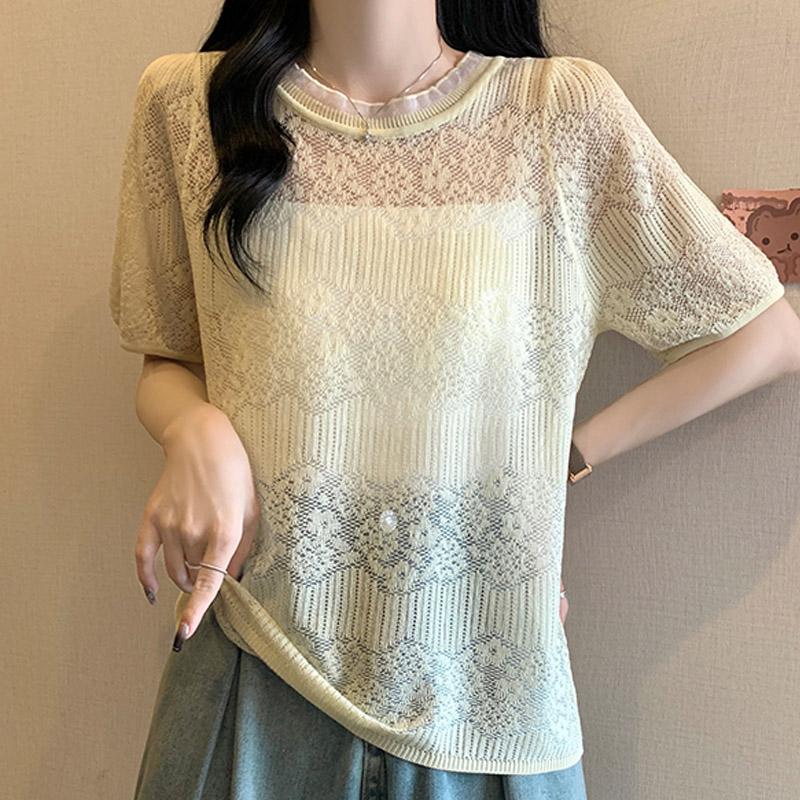 

Женские свитера, пуловеры 2025 Лето Короткий рукав О-образный вырез Белый Черный Вязаный свитер Женские топы Пуловер JJ203 One Size абрикосовый