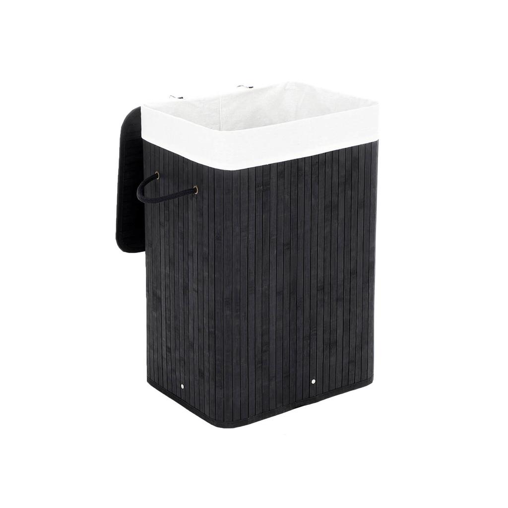SONGMICS Cesta de Lavandería de Bambú, Cesto de Lavandería Plegable de 72L, Cesto de Almacenamiento Rectangular con 3 Asas, 40 x 30 x 60 cm, Negro