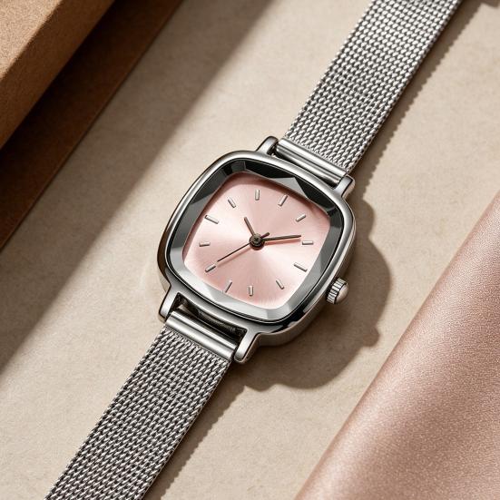 Unisex Quarzuhr Minimalistische Quadratische Zifferblattuhr Retro Mesh-Armband Armbanduhr für Männer Frauen Arbeit Schule