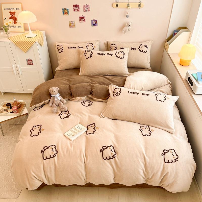 Cartoon Milk Velvet Four Piece Patch Embroidered Coral Velvet Quilt Cover Flannel Sheet Quilt Cover