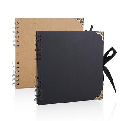 DIY Scrapbook Photo Album, Cardstock with Metal Corner Protectors & Ribbon Tie, Double Wire Coil Binding Blank Memo Book for Travel, Wedding,