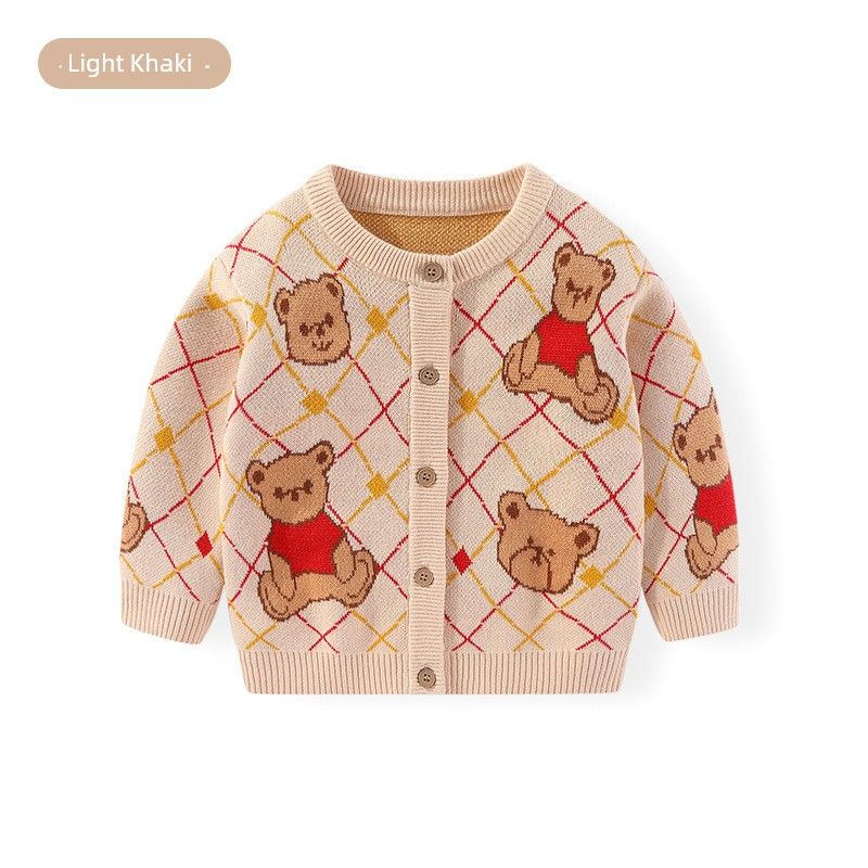 Autumn and Winter Kidsren's Bear Jacquard Cardigan Knitwear for Boys and Girls Plaid Knitwear Baby Round Neck Knitwear Jacket