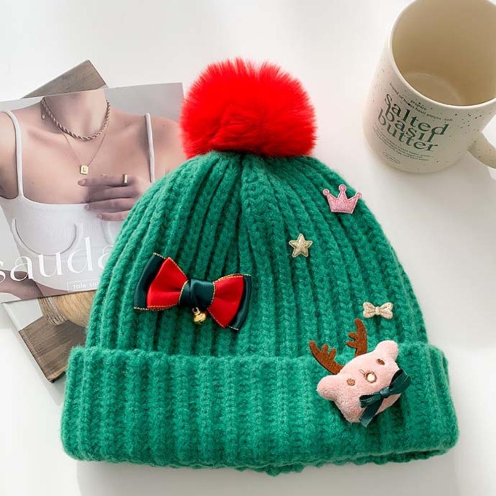 Bow Christmas Plush Cap Warm Big Pullover Hat Versatile Thickened Brimless Cap Women
