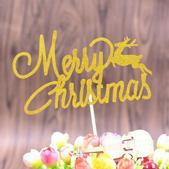 Gold & Green Glitter Merry Christmas Tree Cake Topper Decoration