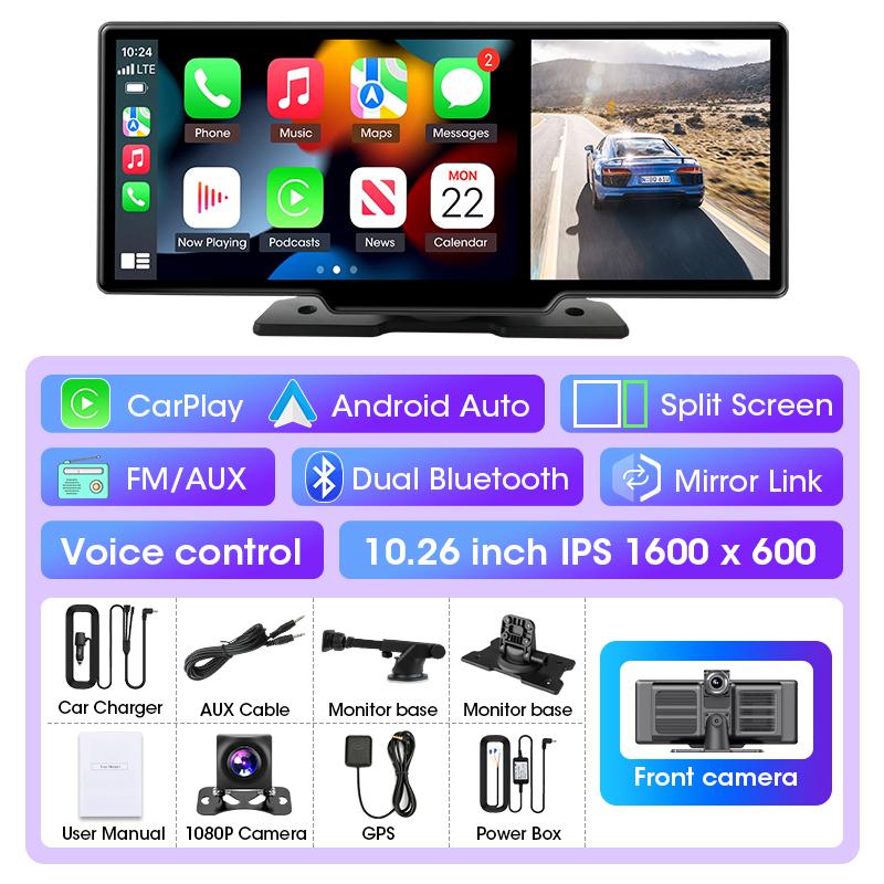 10.26" 4K Dash Cam Rearview Camera WIFI Carplay & Android Auto Dual Lens Car DVR Video Recorder AUX GPS 24H BT FM Mirror Monitor