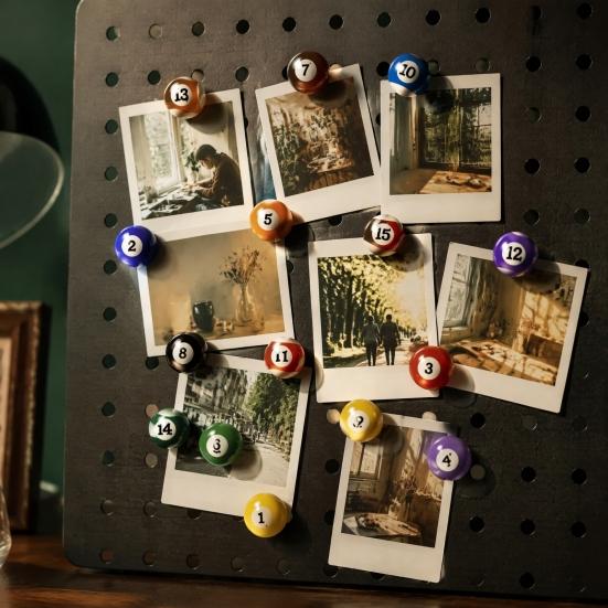 Memo Note Photo Holder 15Pcs/Set Mini Billiard Ball Fridge Magnet, 3D Pool Strong Magnetic Decor Holder, Decorative Magnet for Whiteboard Locker