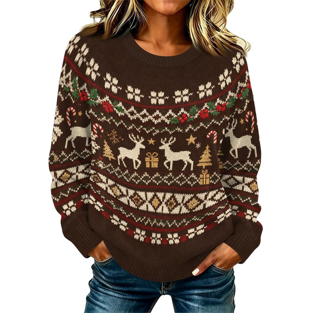 Maglione da Donna Casual a Manica Lunga con Scollo e Stampa Natalizia per le Feste