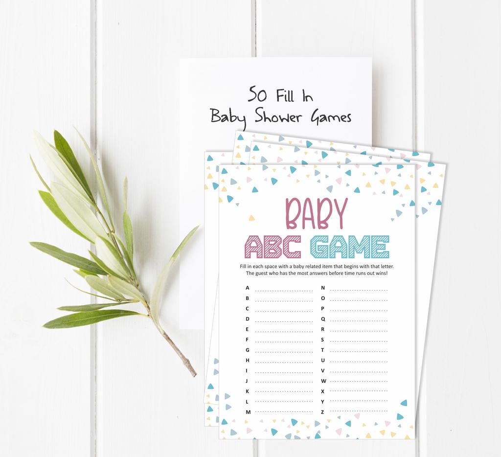 Inkdotpot Gender Reveal Baby Shower Game Set Of 50 BabyA  AlphabetA  ABCA  Game Ita    s A Boy Ita    s A Girl Party