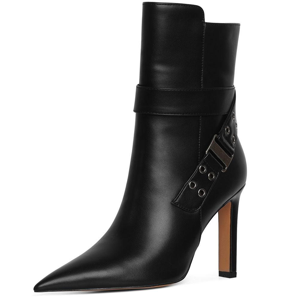 

DoraTasia Модные остроносые сапоги на тонком высоком каблуке для женщин с полой металлической пряжкой и боковой молнией для вечеринок на весну/осень 10