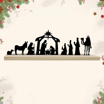 Krippenset aus Metall Szene Silhouetten-Kunstwerk Tischaufsteller mit Holzsockel für Innen