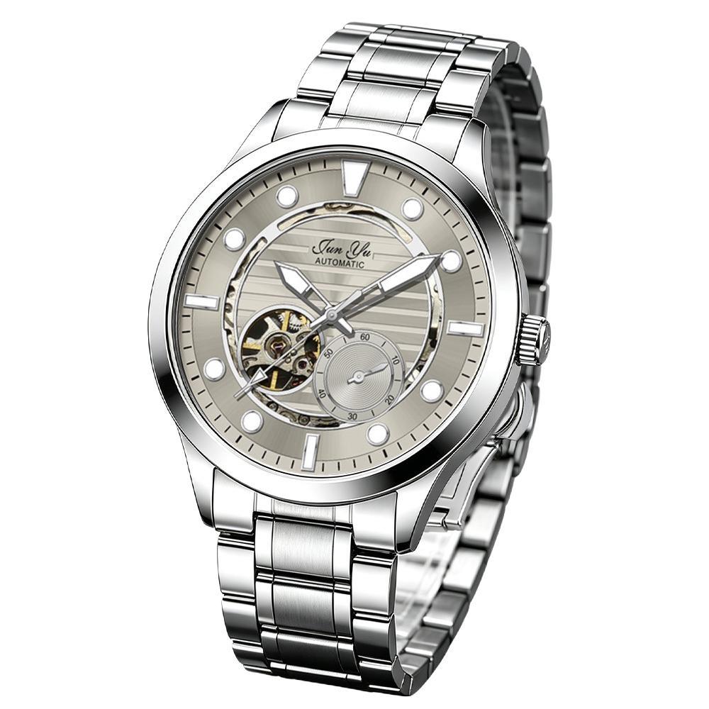 Mens Automatic Mechanical Watch Grey Skeleton Dial Luminous Hands Waterproof Business Wristwatch
