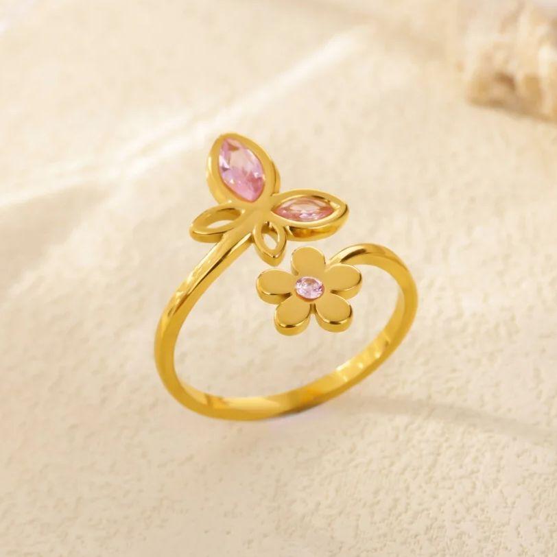 Elegant Zircon Flower Butterfly Rings For Women Gold Stainless Steel Flower Adjustable Ring Wedding Christmas Jewelry Gift