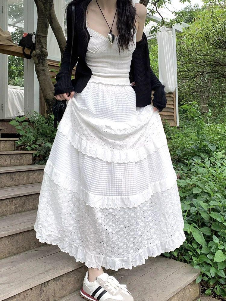 Lace High-Waisted Slimming A-Line White Midi Skirt for Women - Spring Collection