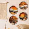 4 Pcs Boho Wall Art, Bohemian Sunset Mountain Plant Wall Decor, Wooden Round Circle Hollow Out Farmhouse Hanging Ornament