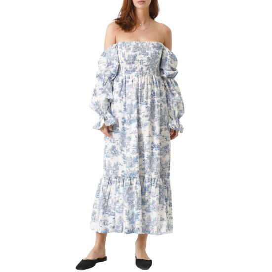 

Женское платье макси с открытыми плечами, рукав квадратный длинный пышный воротник бохо летящее S синий