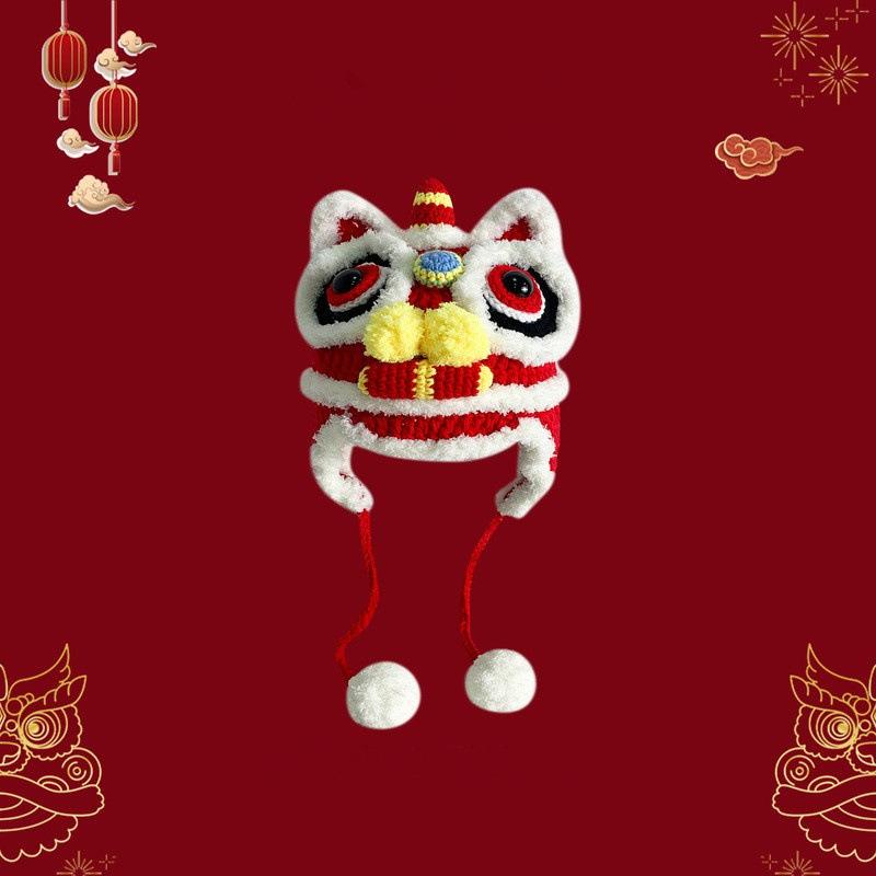 Drachenjahr-Hut im chinesischen Stil, Löwen-Erwachenshut, Eltern-Kind-Set, Herbst und Winter, warme Wollmütze, Neujahrs-Kinderhut