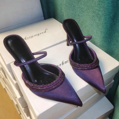 Fashion Autumn And Winter 2025 New Pointy Purple Stiletto High Heels Female Shallow Mouth Rhinrhinon With Satin Half Slipper Sandals