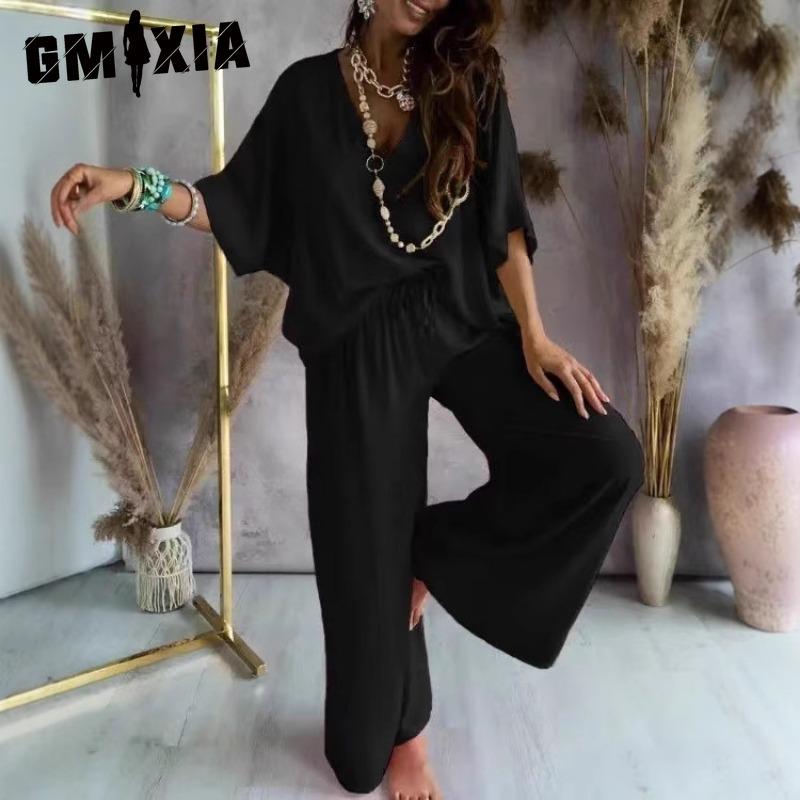 

GMXIA Women s V-Neck Bat Sleeve Casual Loose Wide Leg Pants Set XXXL