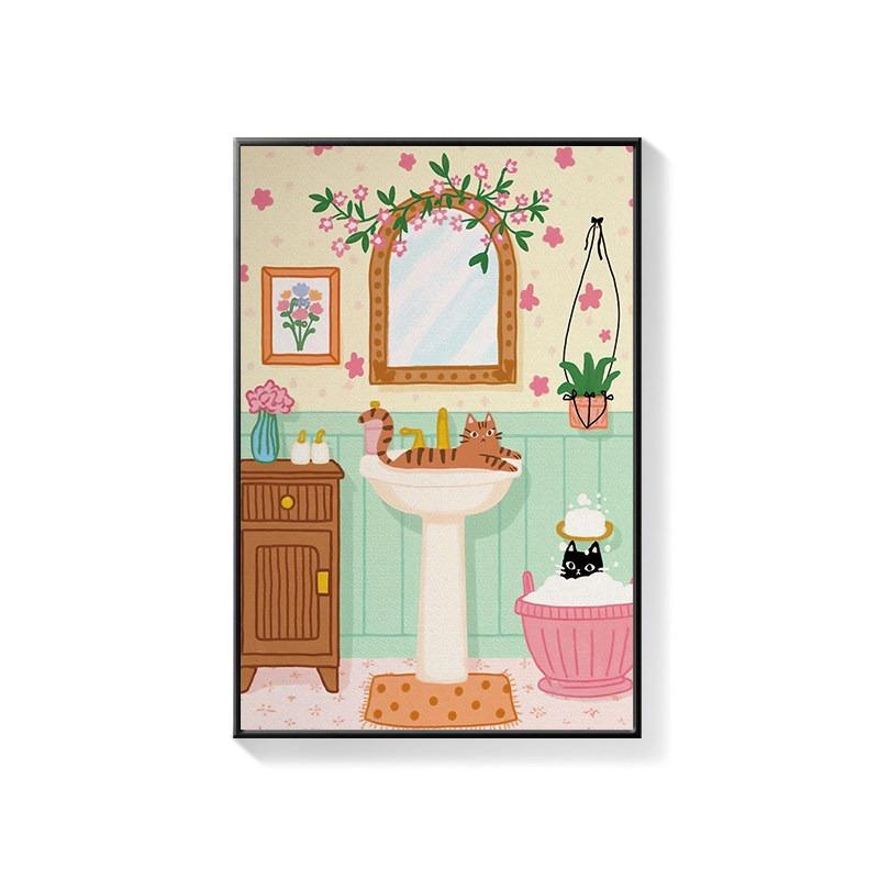 Bathroom Decorative Painting Cat American Retro Toilet Bathroom Canvas Painting Wall Art Poster for Modern Bathroom Home Decor