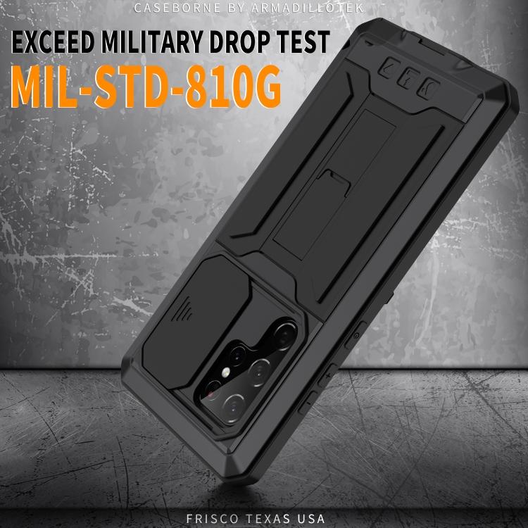 Custodia per Telefono R-JUST con Supporto in Metallo + Silicone e Copri Fotocamera Scorrevole per Samsung Galaxy S22 Ultra 5G