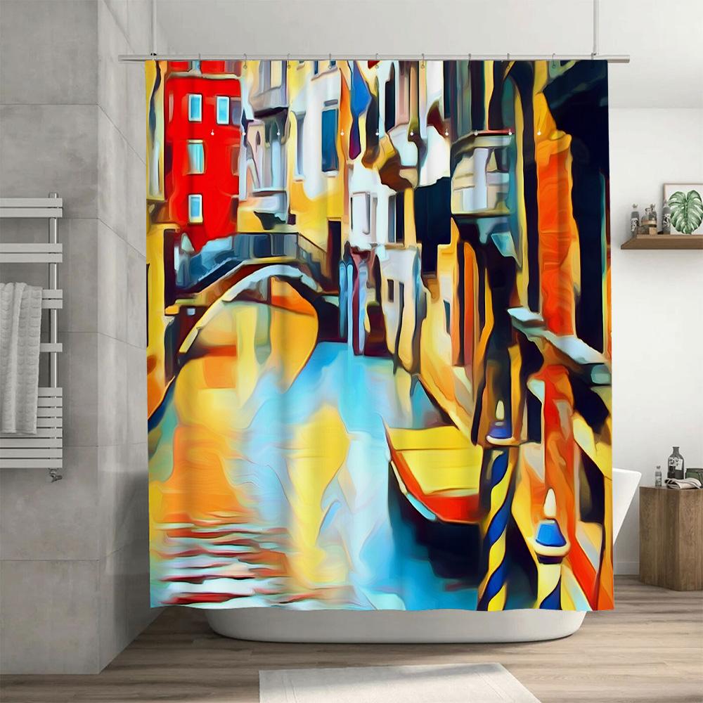 Bathroom Shower Curtain Vintage Venetian Italy Landscape Art Decor Washroom Fabric Backdrop