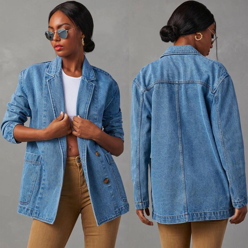 2023 European & American Washed Blue Denim Women's Casual Suit Jacket