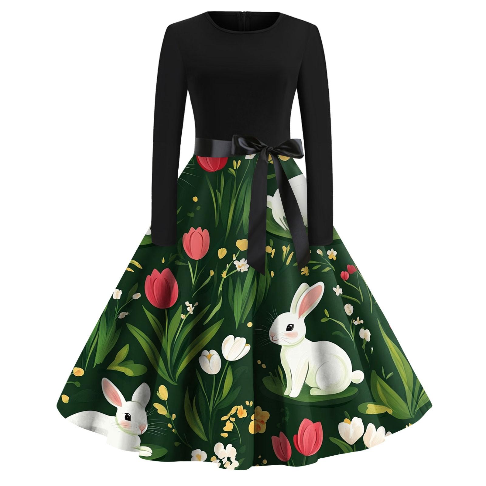 

Женские платья модные повседневные облегающие платья с круглым вырезом и принтом на Пасху с длинным рукавом XXL зелёный