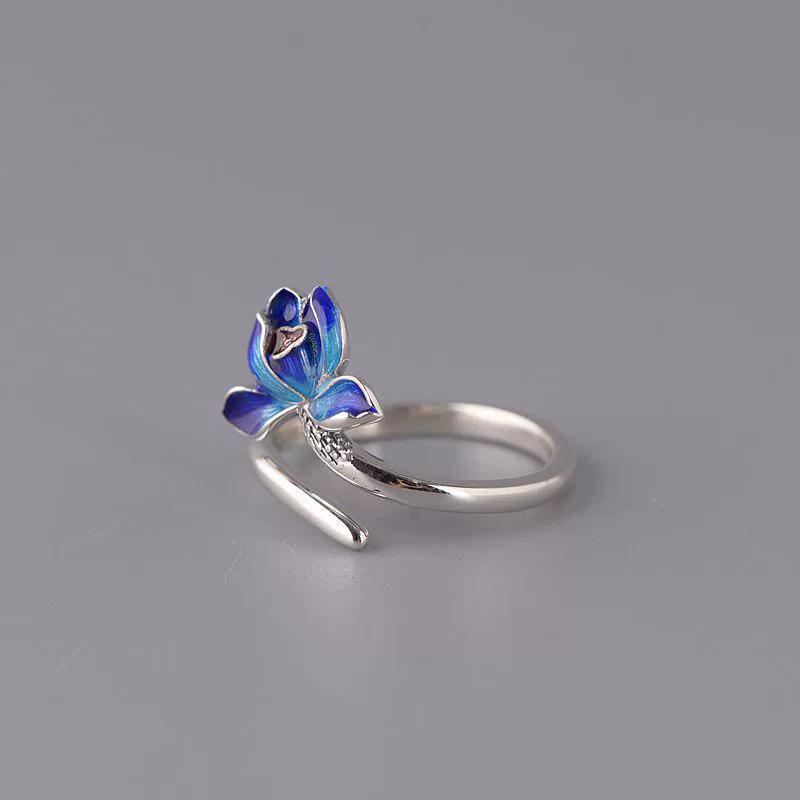 Retro Thai Silver Blue Enamel Lotus Flower Adjustable Rings For Women Fashion New Jewelry Gift Party Wholesale anillos