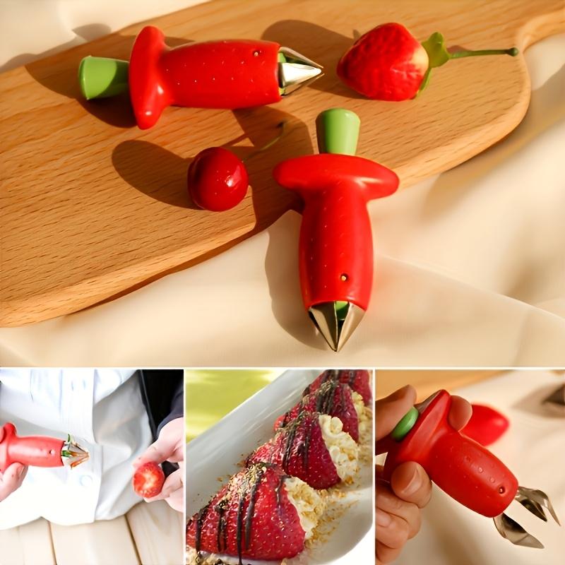 2 pieces of red handle stainless steel corer, easy to remove strawberry stems and eyes, easy to use