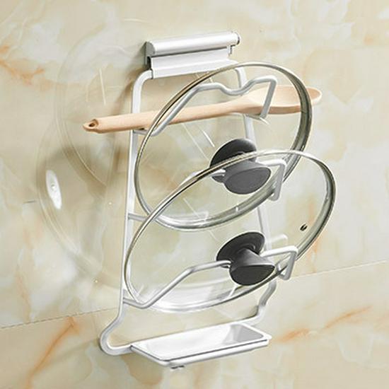 Rostfri väggmonterad grytlock- och skärbrädeorganisatör med vattenuppsamlingslåda