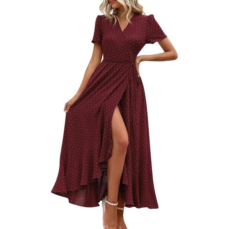 Sexy V Neck Wrap Waist Maxi Dress Women Summer Fashion A-Line Side Slit Long Casual Dress Comfortable Solid Color Short Sleeve