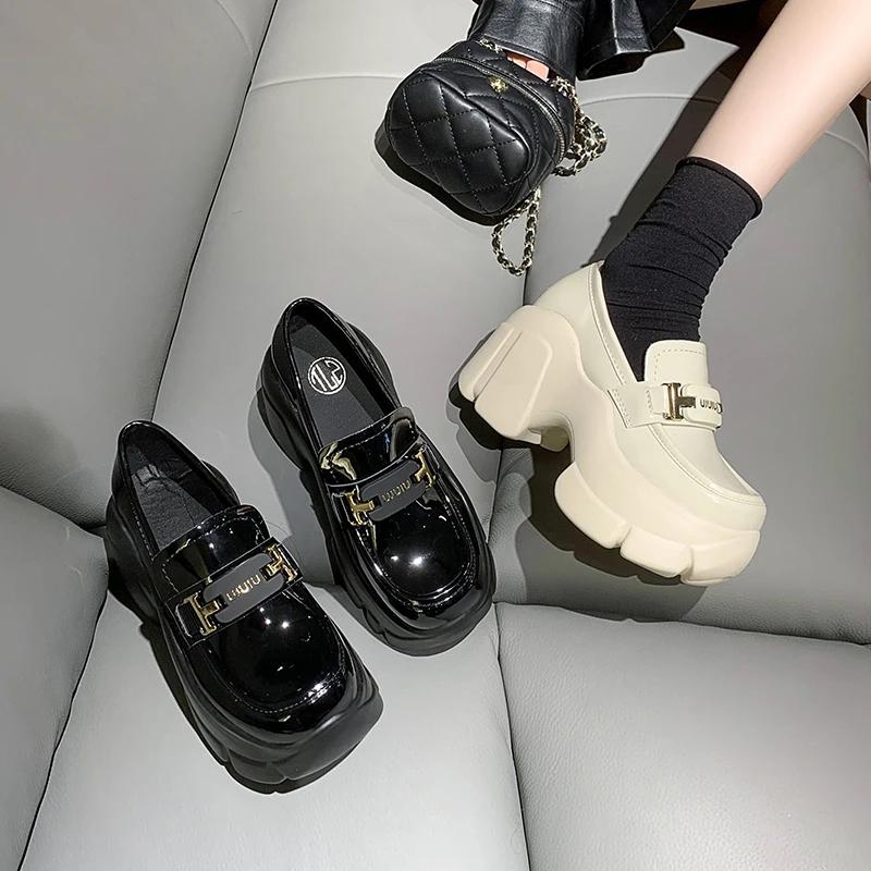 fashion Women Platform Leather Sneakers 2024 Spring Autumn British Style Chunky Shoes Woman 8CM High Heels Ulzzang