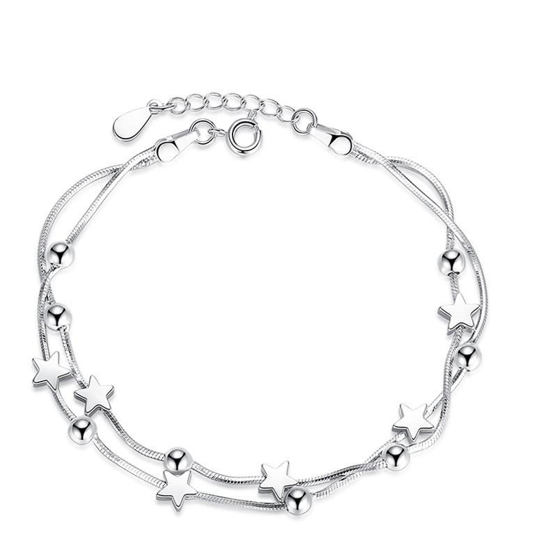 Korean Fashion Multi-layer 925 Silver Jewelry Frosted Five-pointed Star bead Chain Box Female Bracelet SB13