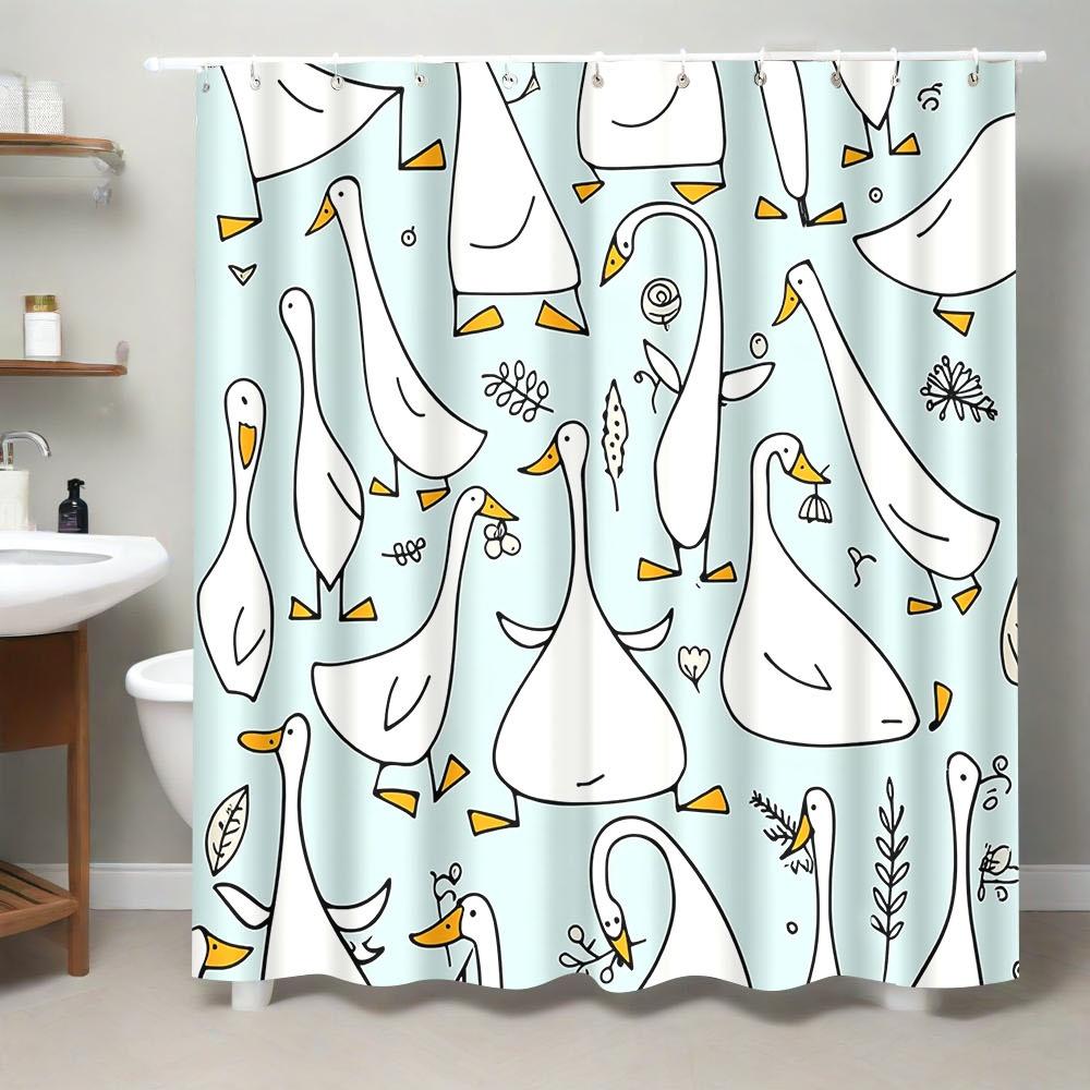 

Whimsical Goose Shower Curtain – Light Blue Background, Cartoon Ducks & Leaves, 12 Hooks, Machine Washable, Fun Bathroom Decor W60H190(CM)-1 Pcs