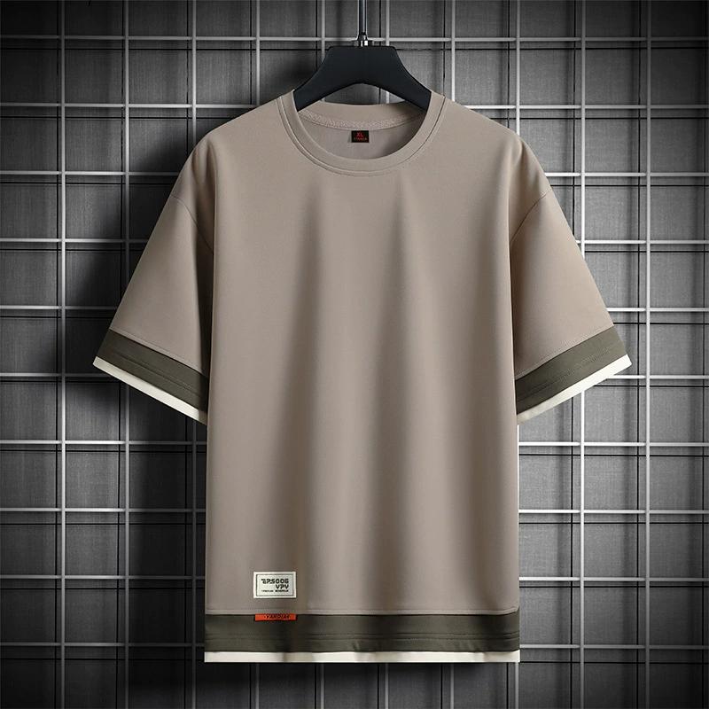 TBommy Heren T-shirt Zomer Japans Trendy Jeugd Veelzijdig Losse Halve Mouw Fake Tweedelig T-shirt Heren 6XL lichtbruin