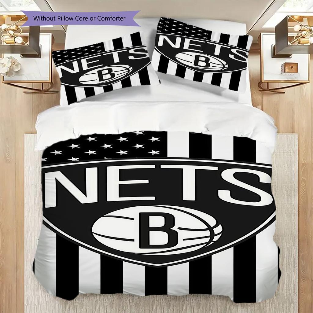 Brooklyn Nets Stars Stripes Basketball Spirit Bettwäsche(1 Bettbezug + 2 Kissenbezüge, ohne Füllung)Weihnachts-Geburtstagsgeschenk Weich und bequem