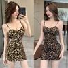 Sexy Deep V Low Chest Pure Desire Temperament Leopard Print Tight Suspender Waist Hip Base Short Dress