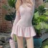 Pink Kawaii Pleated One Piece Dress Women Cute Sexy Long Sleeve Low Waist Slim Dresses Female Sweet Folds Ruffle Fashion Clothing 2024