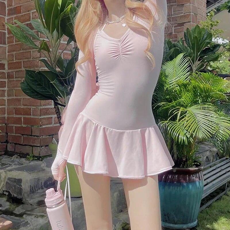 Pink Kawaii Pleated One Piece Dress Women Cute Sexy Long Sleeve Low Waist Slim Dresses Female Sweet Folds Ruffle Fashion Clothing 2024