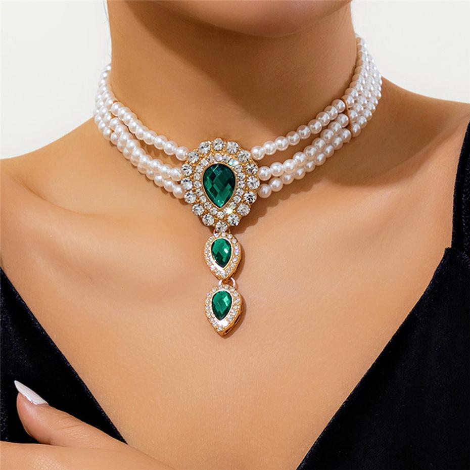 Multilayer Elegant Imitation Zircon Chain Necklace Bracelet for Women Creative Water Drop Rhinestone Zircon Set Wed Accessories