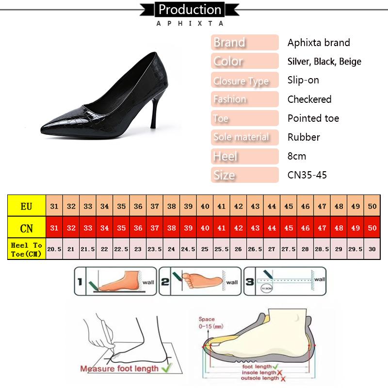 Aphixta Kostkované Stříbrné 8cm Vysoké Podpatky Elegantní Jehlové Lodičky Dámské Boty Špičatá Špička Mělké Společenské Boty Pro Ženu Velikost45